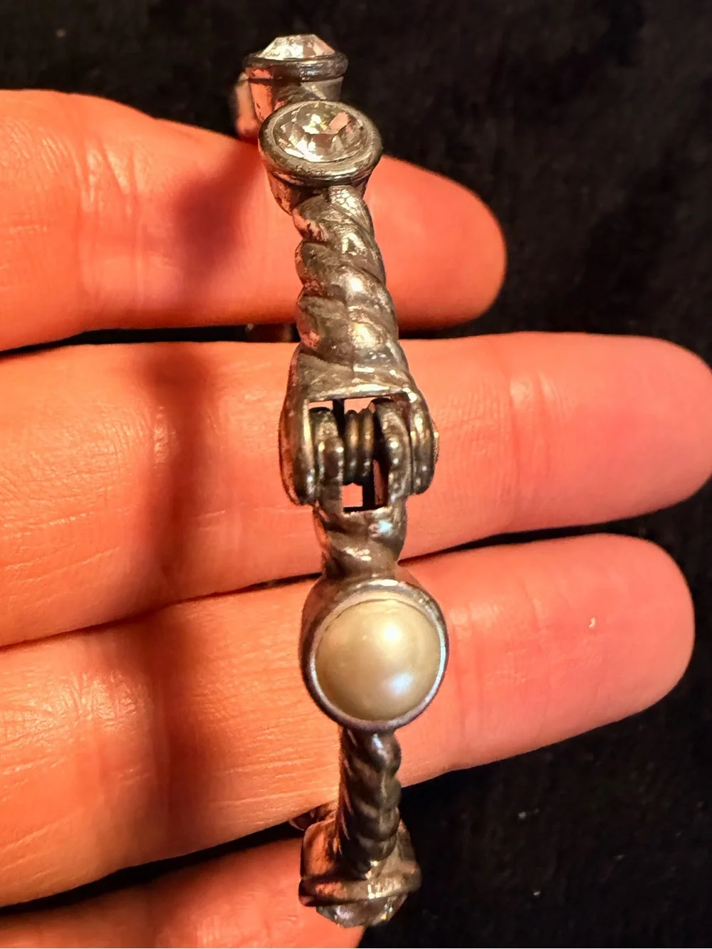 Brighton Monte Carlo Crystal Pearl Silver Hinged Bangle Bracelet